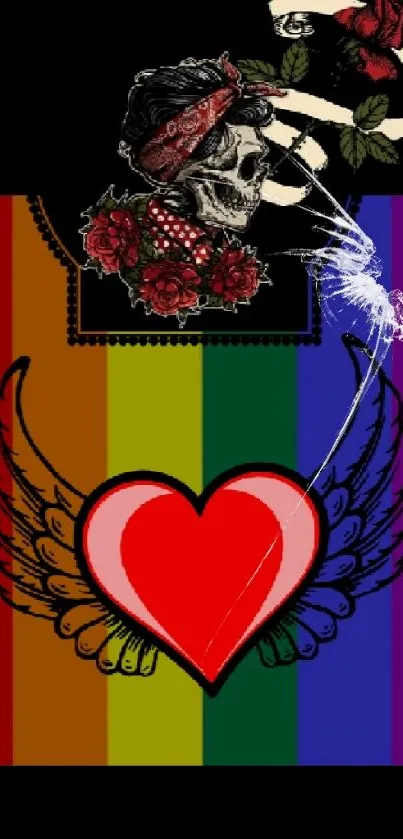 Wallpaper featuring full moon and heart on a rainbow flag background.