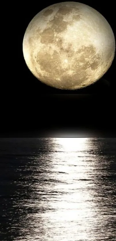 Full moon reflecting on calm ocean waves at night.