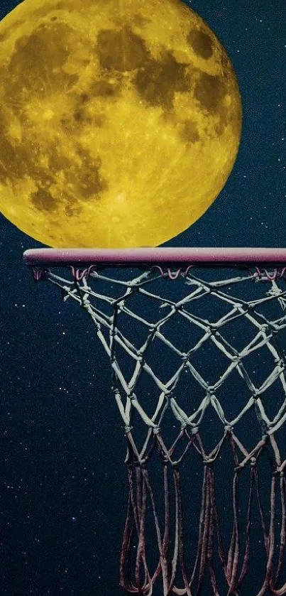 Full moon aligned with basketball hoop at night.