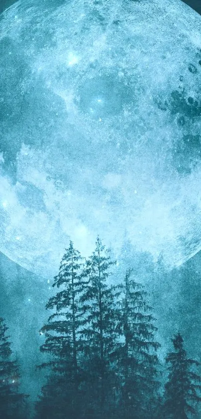 Full moon rising over a silhouetted forest against a teal blue sky.