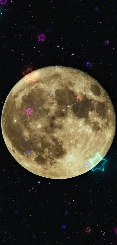 Full moon against a backdrop of stars in a dark night sky.