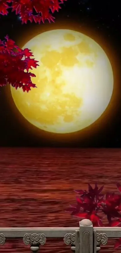 Serene full moon night with vibrant red leaves and tranquil lake.