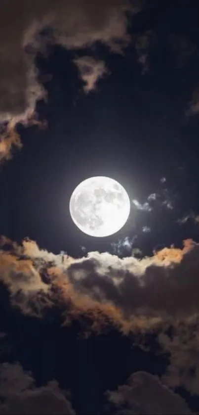 Full moon illuminating the night sky surrounded by dark clouds.