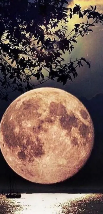 Full moon rising over a serene, moonlit lake with silhouetted trees.