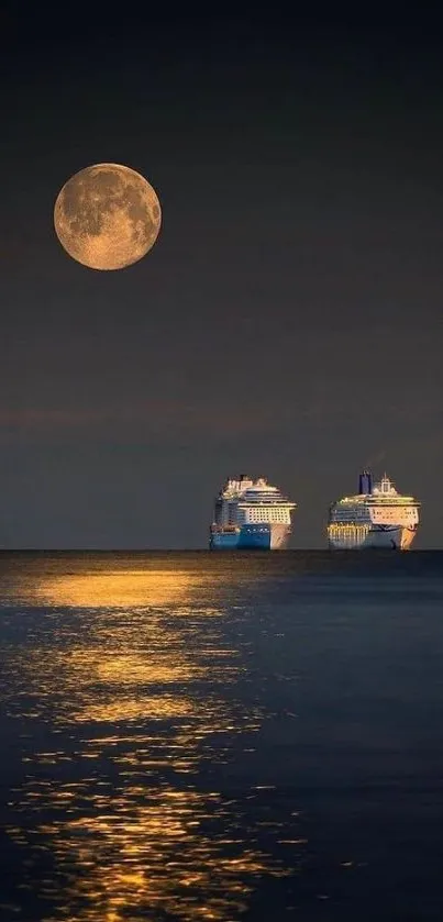 Moonlit ocean with cruise ships under the starry night sky reflecting golden hues.