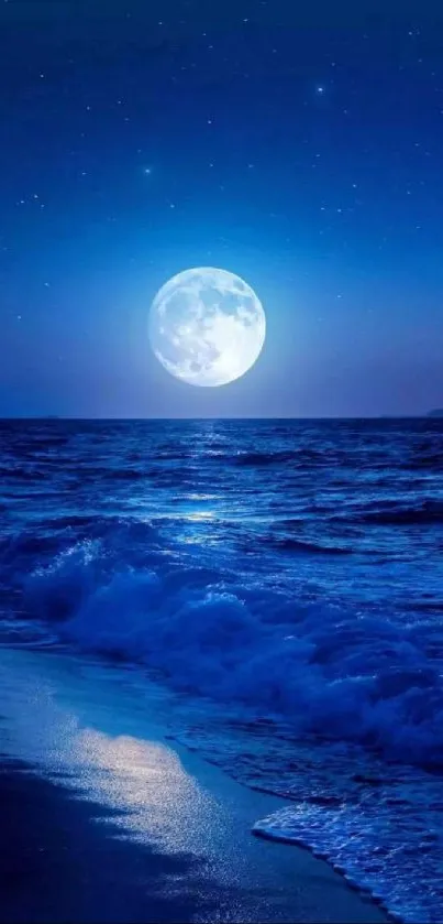 Tranquil ocean waves under a full moon and starry night sky.