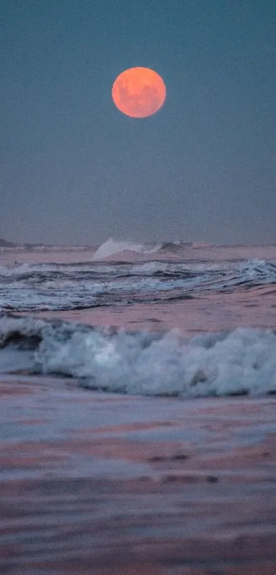 Full moon lighting up ocean waves under a serene night sky.