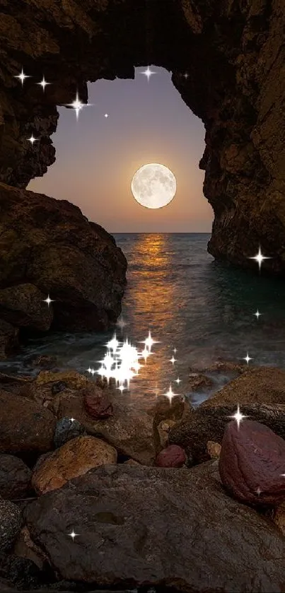 Scenic wallpaper of full moon over rocky seaside cove at night.