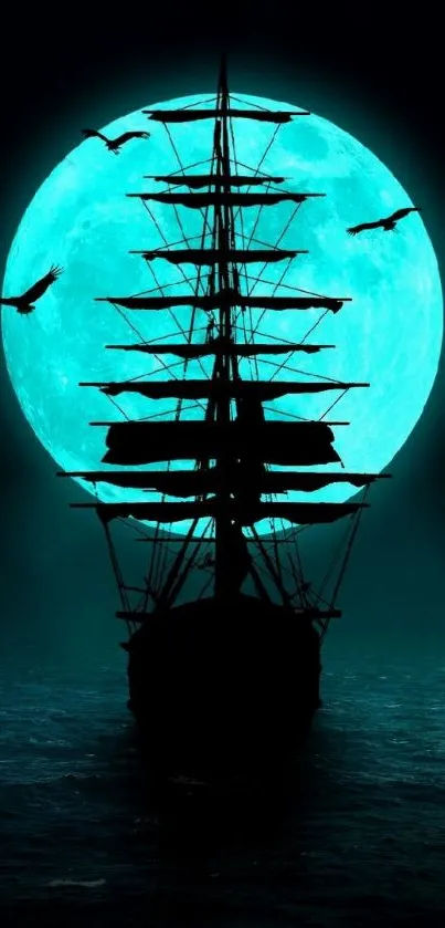 Silhouette of a ship against a cyan full moon on the ocean.