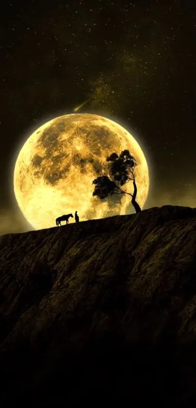 Silhouette of a landscape with a golden full moon in the sky.