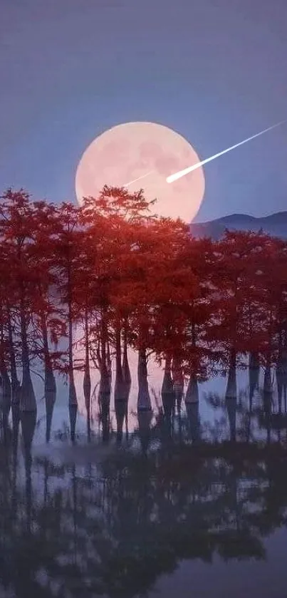 Full moon over red trees reflected in a serene lake under a tranquil night sky.