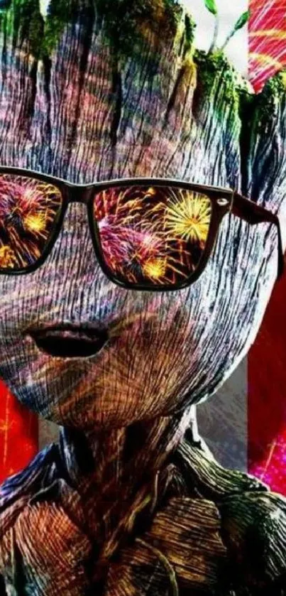 Festive character with sunglasses and fireworks on a red-white-blue background.