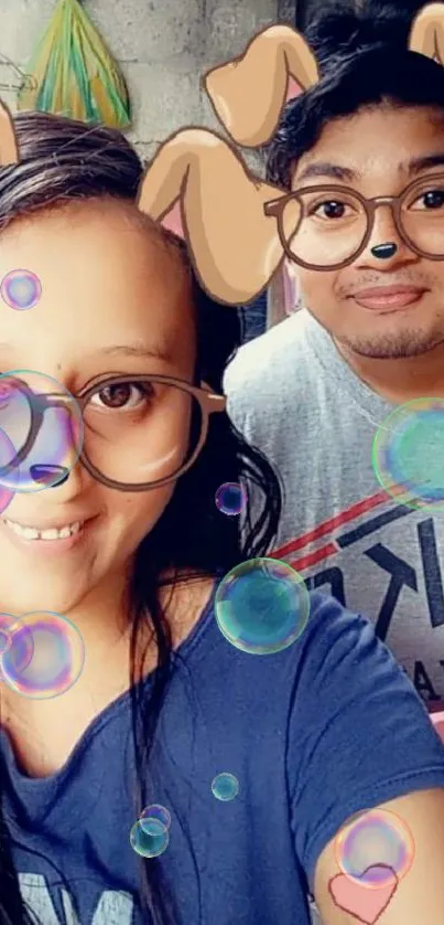 Playful animal filter selfie of friends with heart decorations.