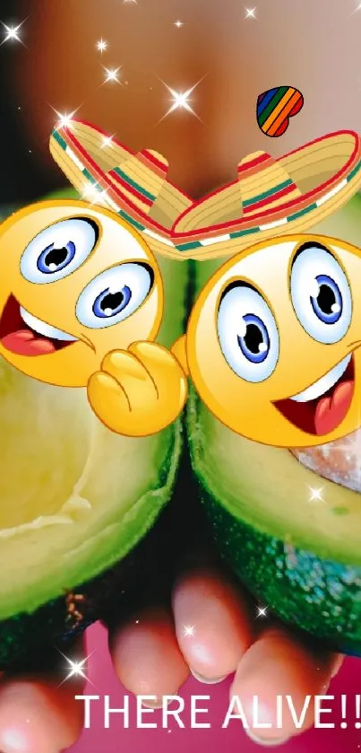 Colorful wallpaper with avocados and emojis in a fun design.