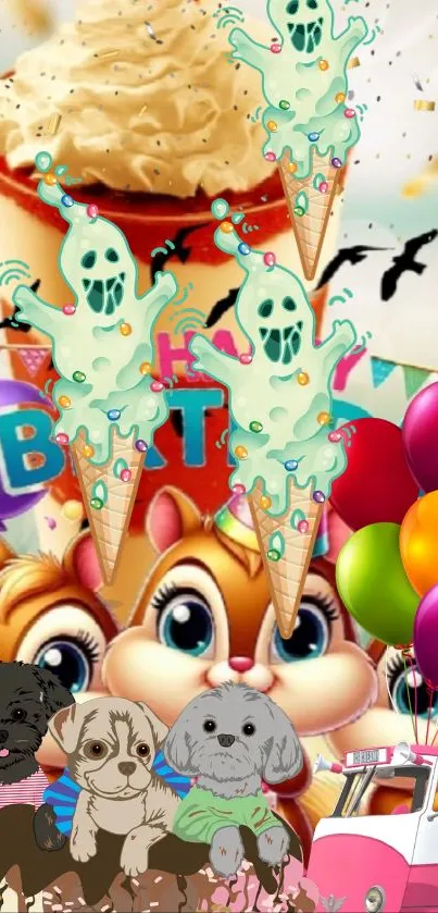Colorful birthday wallpaper with balloons, puppies, ice cream, and chipmunks.