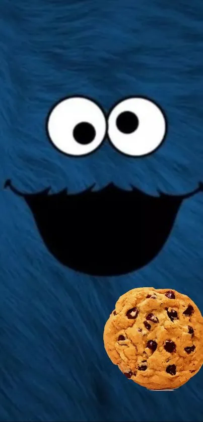 Blue furry monster face with cookie on mobile wallpaper.