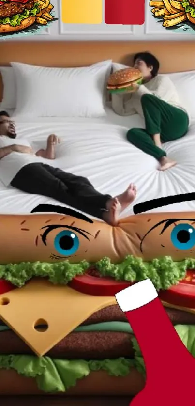 Friends relaxing on a burger-themed bed