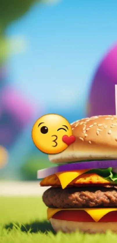 Cheerful burger with emoji kiss in a vibrant outdoor scene.