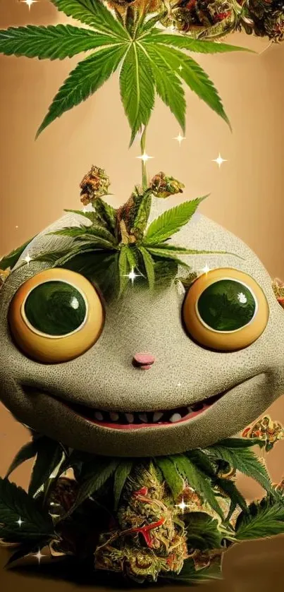 Whimsical cannabis character with big eyes and leaves, perfect for a unique phone wallpaper.