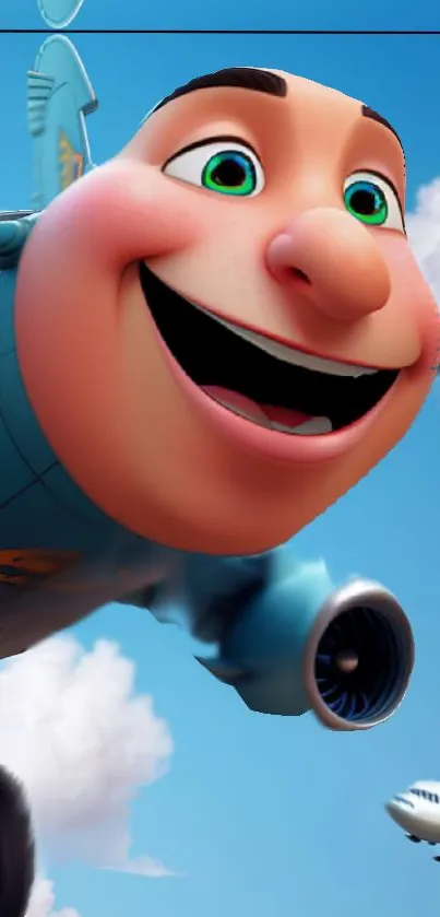 Smiling cartoon airplane flying in a vibrant blue sky with fluffy clouds.