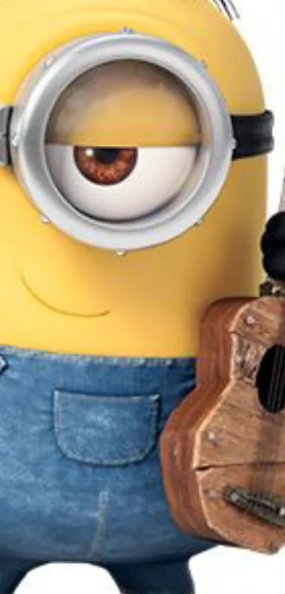 Yellow cartoon character with denim overalls and a wooden guitar.