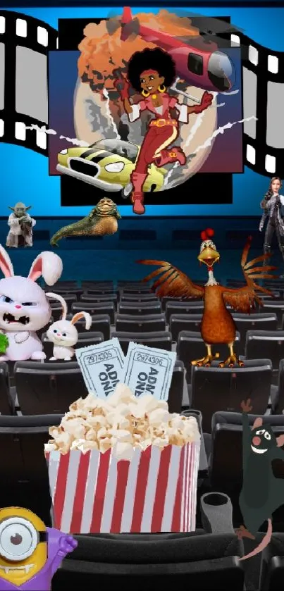 Cartoon characters enjoying a movie in a colorful cinema setting.