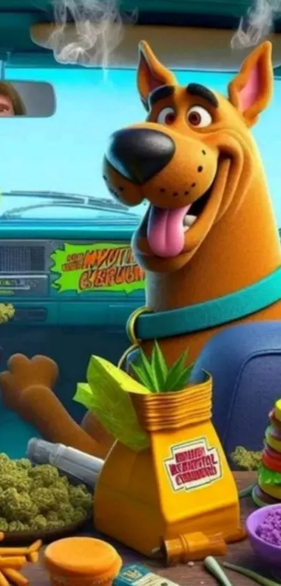 Cartoon dog in van with colorful, playful theme.