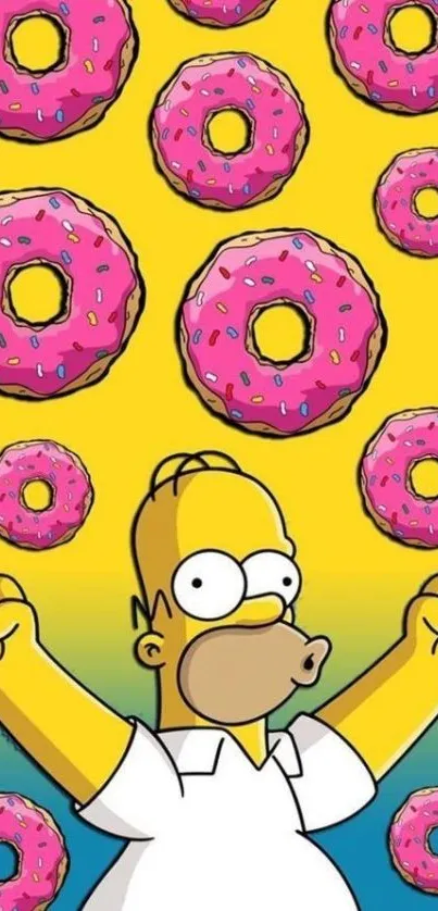 Cartoon character with pink donuts on a yellow background mobile wallpaper.