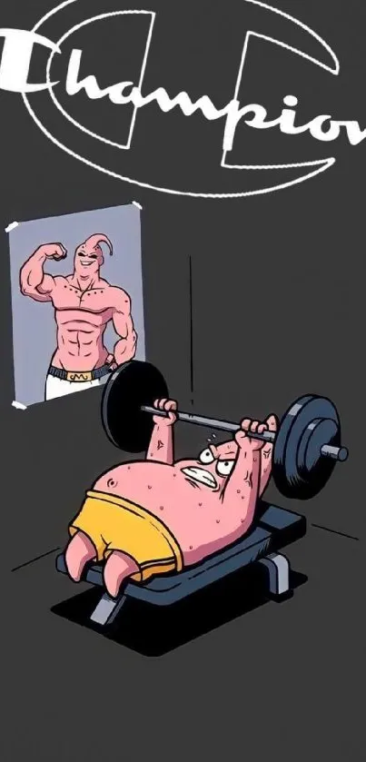 Cartoon character lifting weights in a gym with a Champion logo.