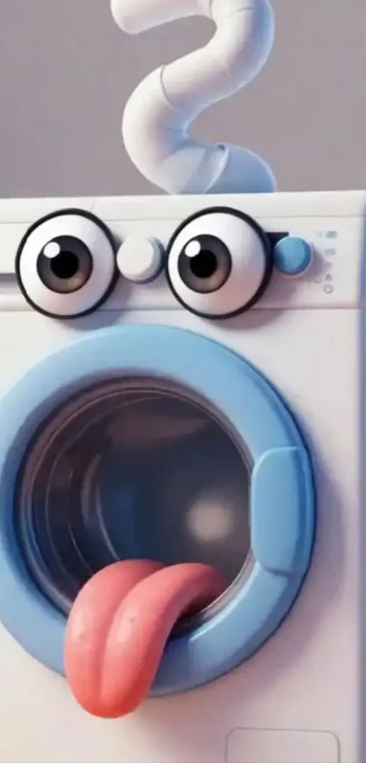 Whimsical cartoon washing machine with eyes.