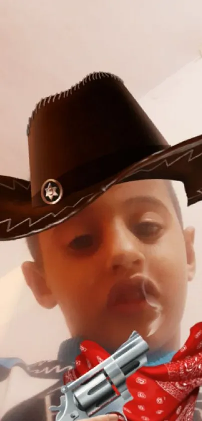 Child with cowboy filter and hat on mobile wallpaper.