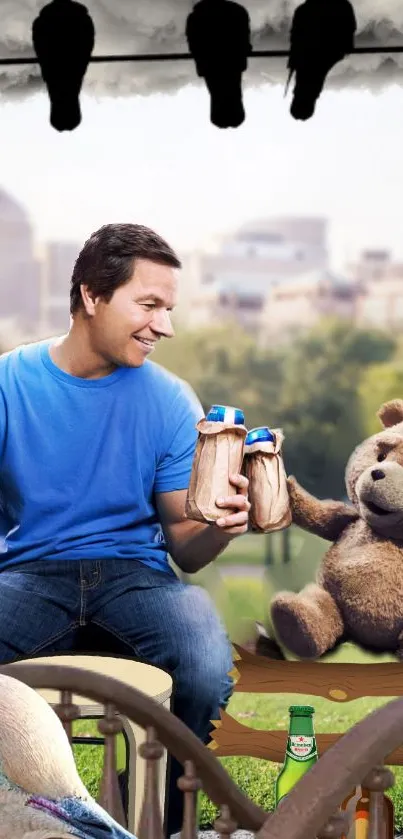 Man and teddy bear enjoying drinks in park.