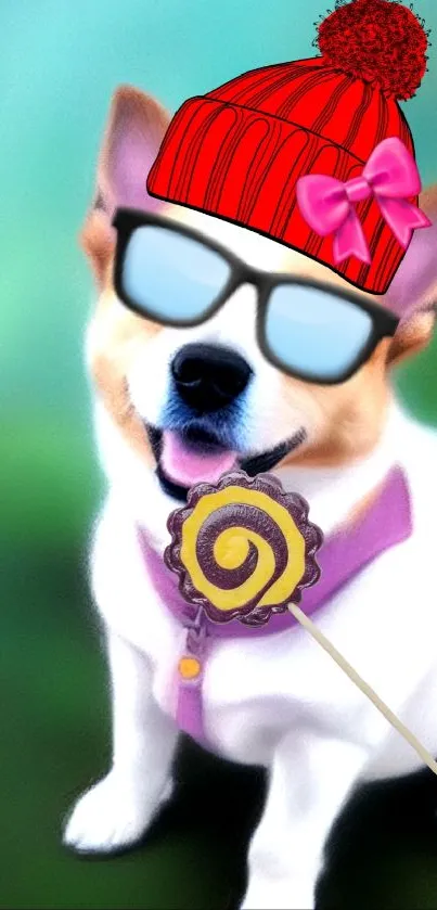 Cute dog with sunglasses, red hat, and lollipop on green background.