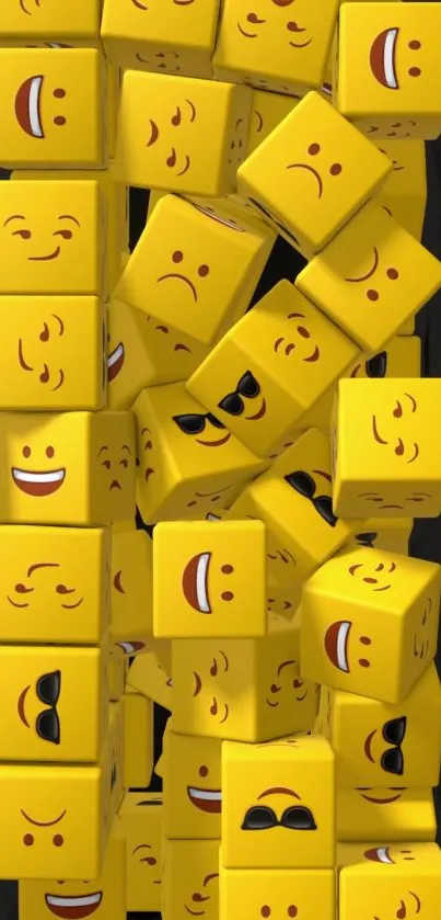 Yellow emoji blocks with happy faces on a mobile wallpaper.