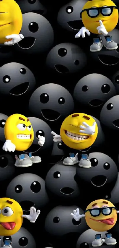 Vivid wallpaper featuring playful yellow emoji characters on a black background.