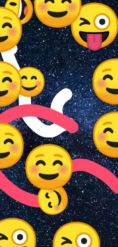 Colorful emoji and galaxy stars wallpaper for mobile screen.