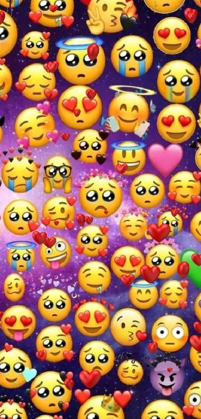 Colorful emoji galaxy wallpaper with hearts and expressive faces.