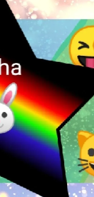Playful rainbow star with emojis and sparkles.