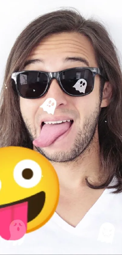 Person with sunglasses and playful emoji on white background.