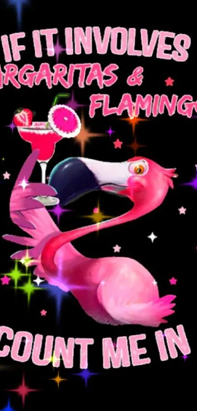 Pink flamingo with margarita, fun text on black background.