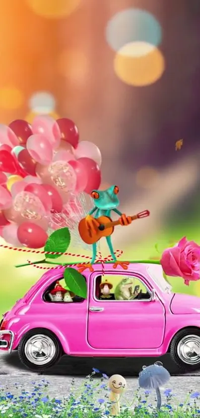 Whimsical frog playing guitar on pink car with balloons.