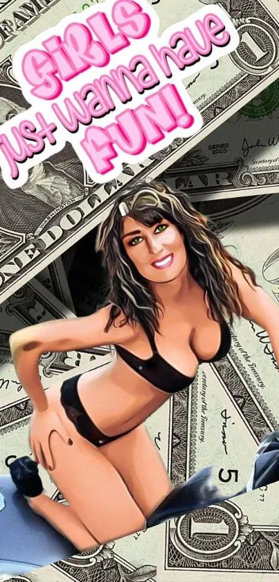 Cartoon girl on dollar bills with fun theme wallpaper.