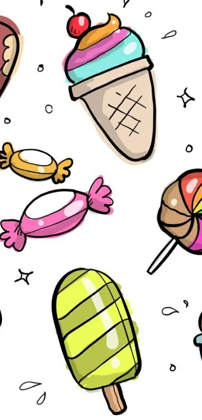 Colorful cartoon ice cream and candy on mobile wallpaper.