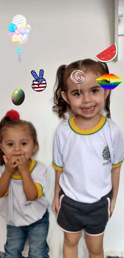 Two smiling kids with playful doodles on a bright white background.