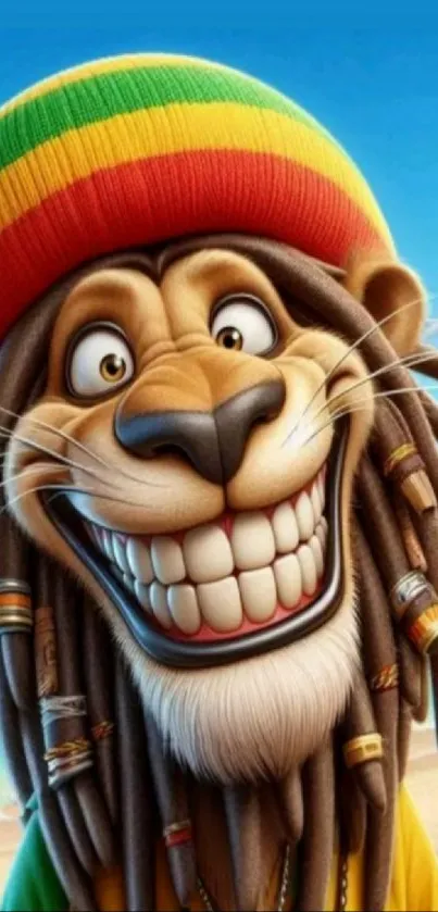 Cartoon lion with dreadlocks smiling at a sunny beach.