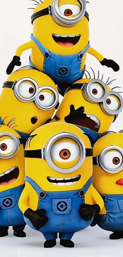 Stack of animated yellow Minion characters in blue overalls.