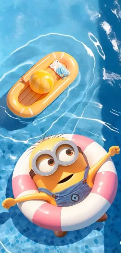 Minion floating in a pool with a colorful ring, enjoying a sunny day.
