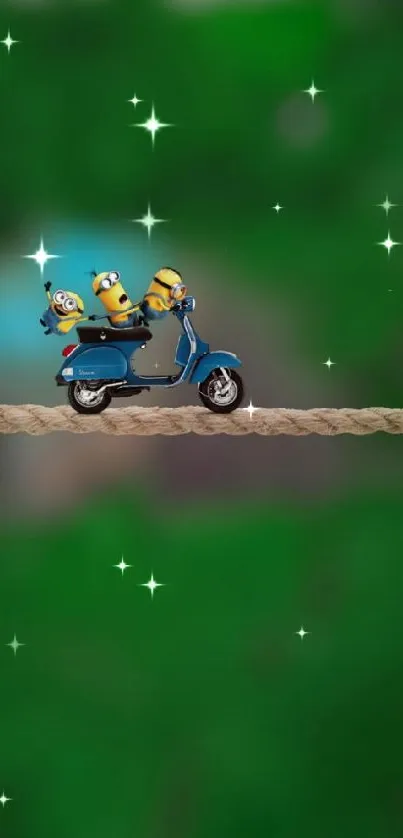 Minions riding a scooter with a starry green background.