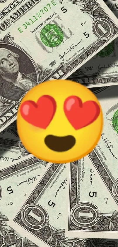 Dollar bills and heart-eyed emoji wallpaper.