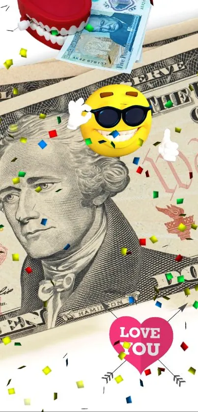 Lively wallpaper with emoji, money, and confetti design.